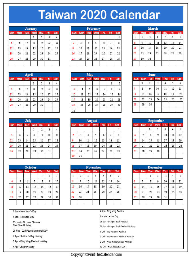 Taiwan Printable Calendar 2020